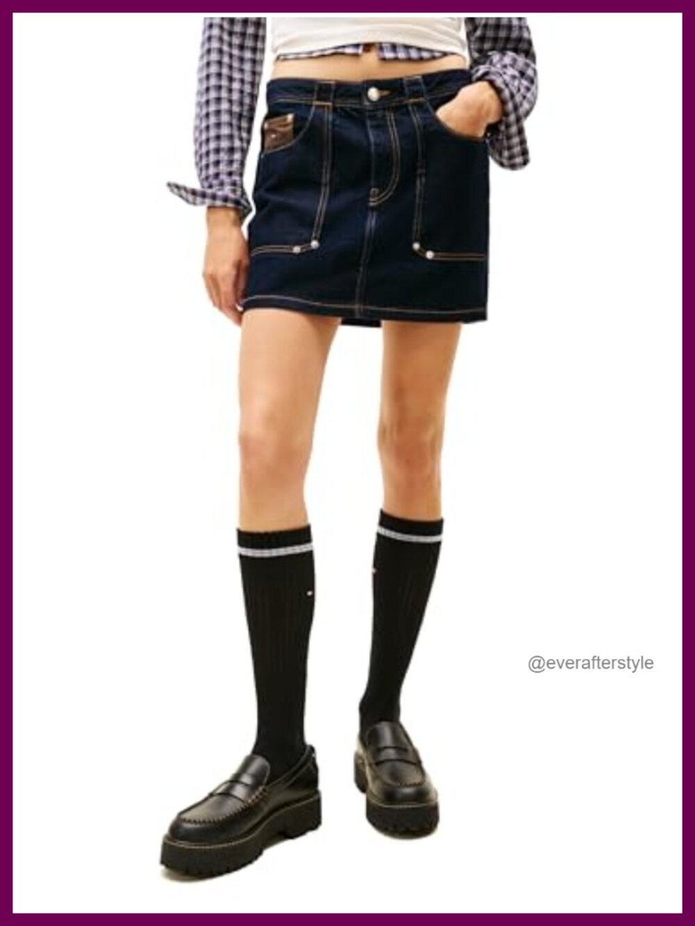 Cotton Denim Mini Skirt High Rise Straight Hemline Embroidered Flag
